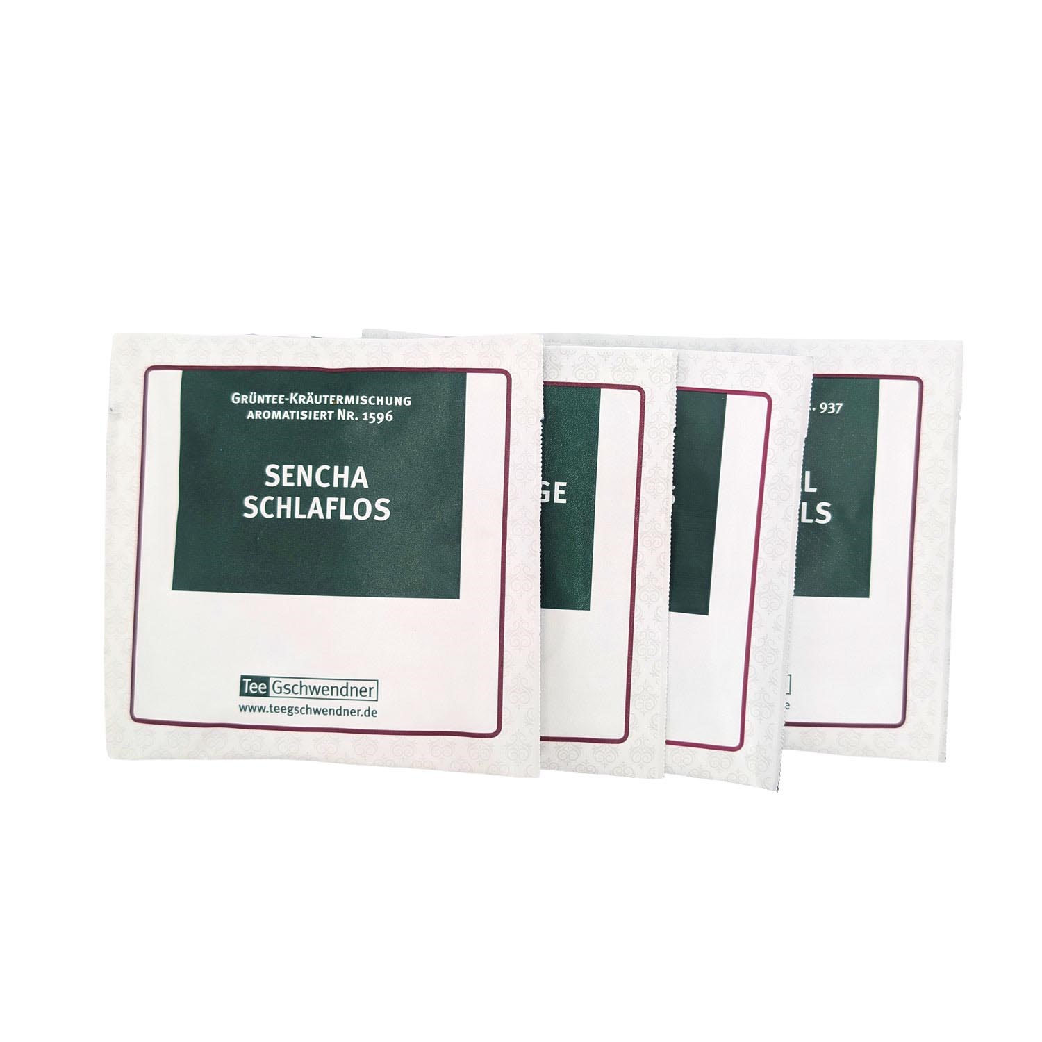 Several tea bags of Tee Gschwendner Sencha Schlaflos flavoured green tea and herbal blend