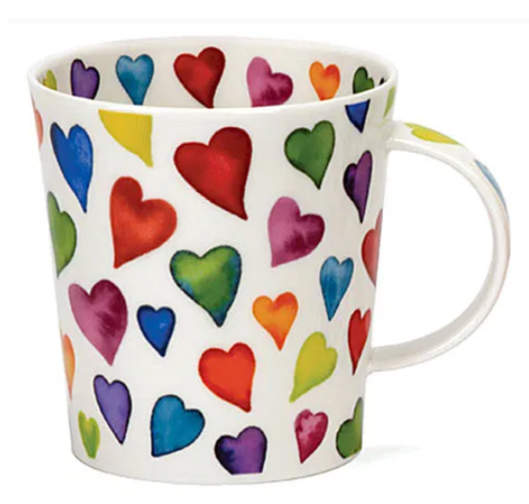 Weiße Keramiktasse mit vielen bunten Herzen, Becher, Tassenmotiv, Herzen, bunt, Keramik