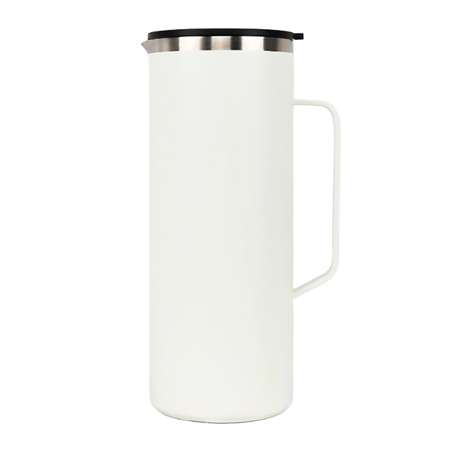 White stainless steel vacuum jug with handle and black lid, ideal for keeping coffee or tea hot