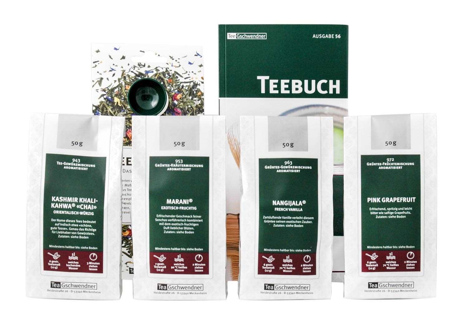 TeeGschwendner Set mit vier Tees und Teebuch, tee, tee-gebund, grüner tee, gesundheits-tee, tee-mischung