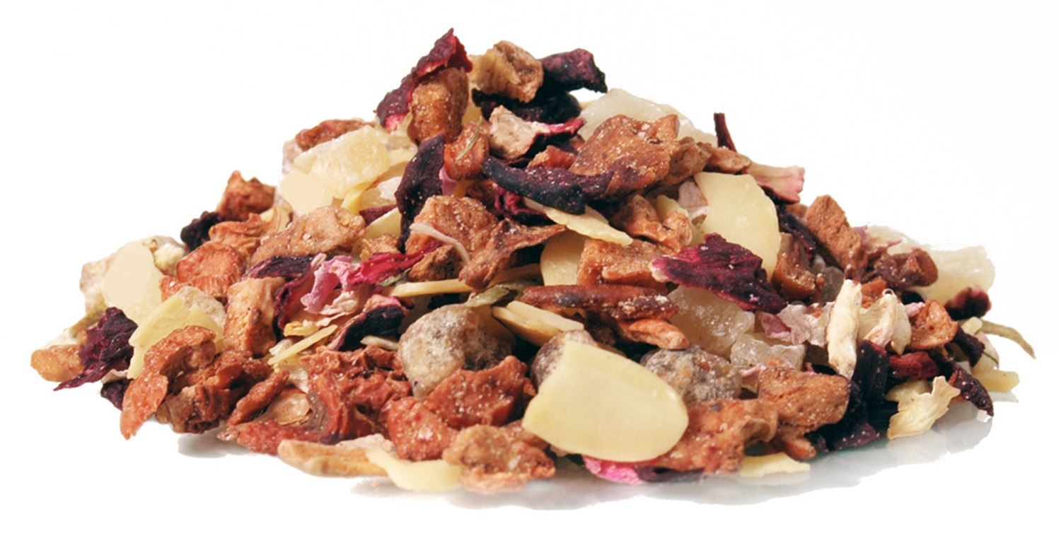 Bunter loser Früchtetee mit Trockenobst, granola, farbenfrohes gemisch, nussig, getrocknete fruchtstücke, körner/hafer