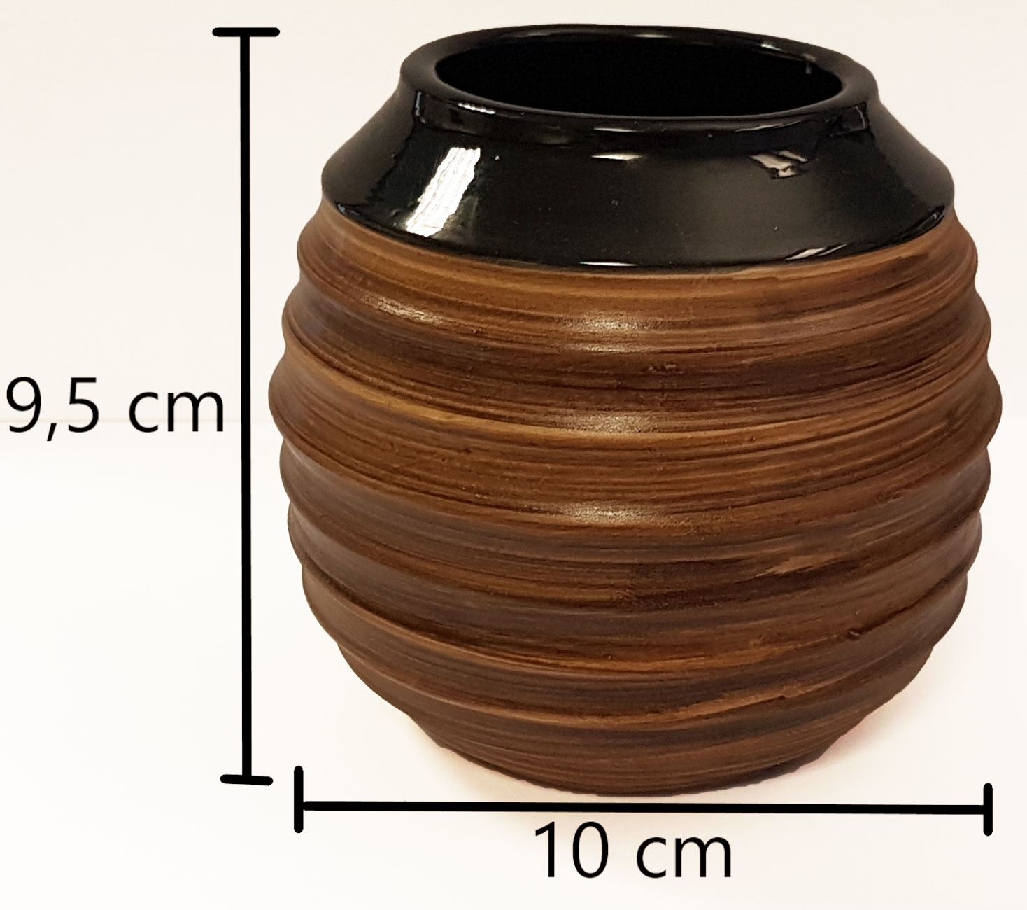 Kleine gerillte Keramikvase braun-schwarz 10 x 9,5 cm, 陶器花瓶, 木纹釉彩, 螺旋纹, 圆形花瓶, 家居装饰