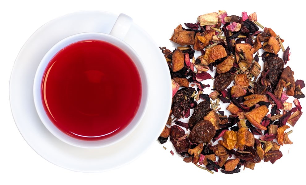 Weiße 100-g-Teepackung Tea Gschwendner Rosemaries Rhabarber, aromatisierte Früchteteemischung mit Rhabarber und Rosmarin, tee, tee-infusion, roter-tee, fruchtige-teemischung, teesorten