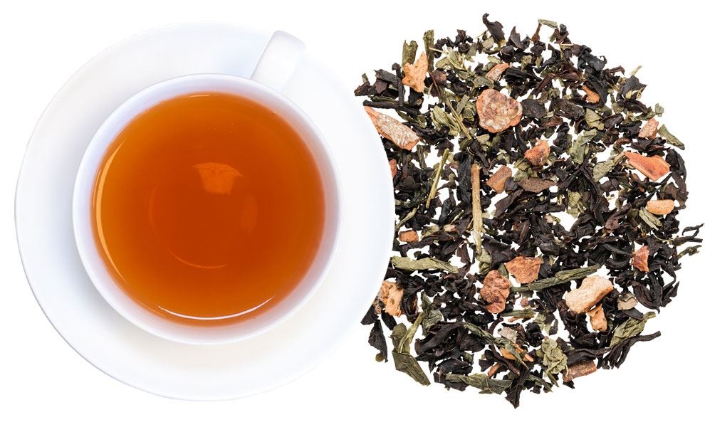 Weiße Tasse Früchtetee mit losem Tee daneben, tee, tee-blätter, heißgetränk, tee, bio-tea