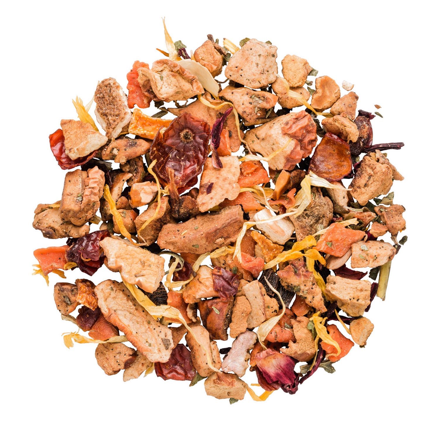 Bunte Früchtetee-Mischung aus getrockneten Obststücken, Kräutertee, Tee-Mischung, getrocknete Früchte, Kräuterstücke, Blütenvermischt