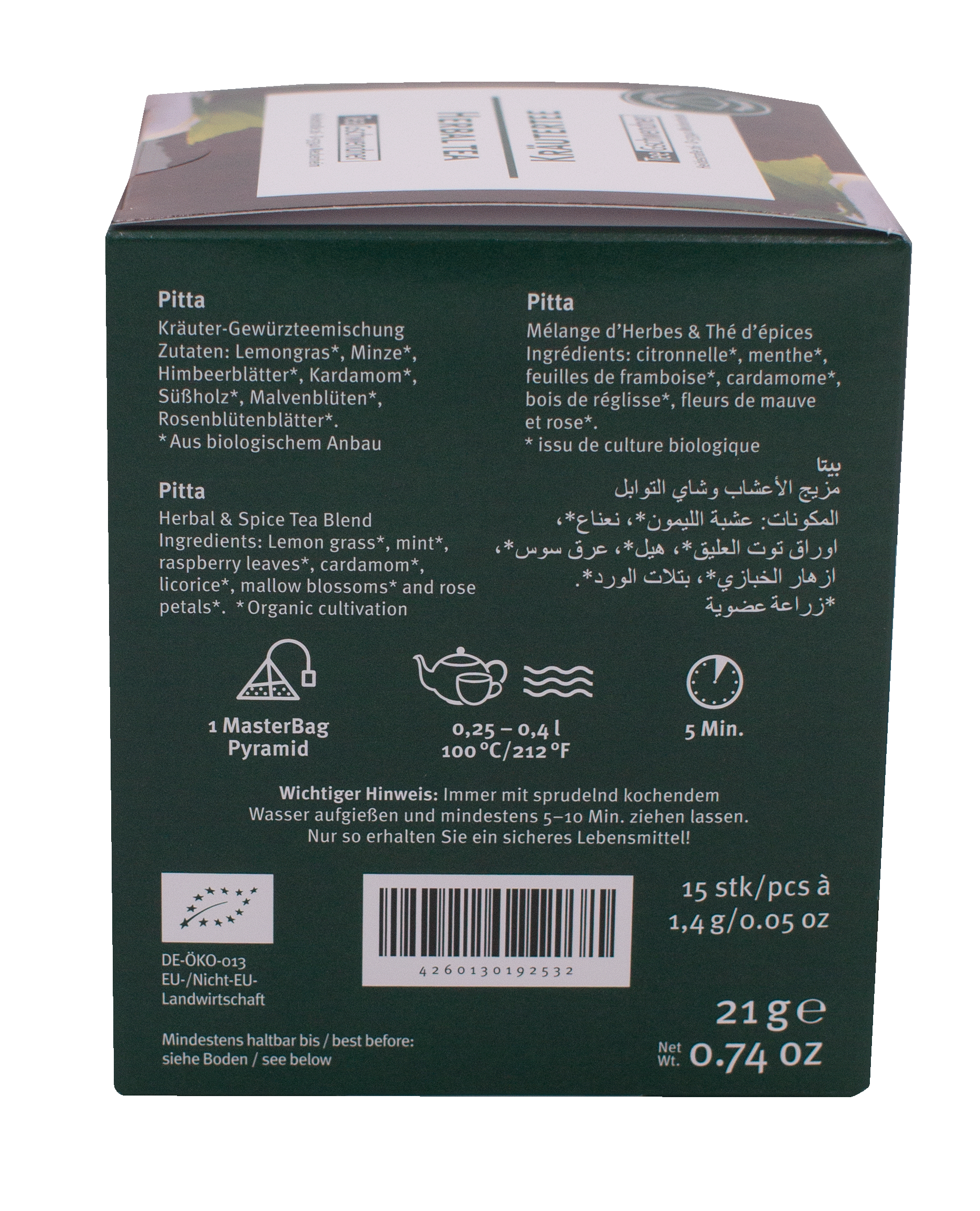 Rückseite einer Pitta Kräuter-Gewürztee-Packung bio, Kräuter-Tee, Kräuter-Mischung, Herbal & Spice Tea, Pitta, Zutaten