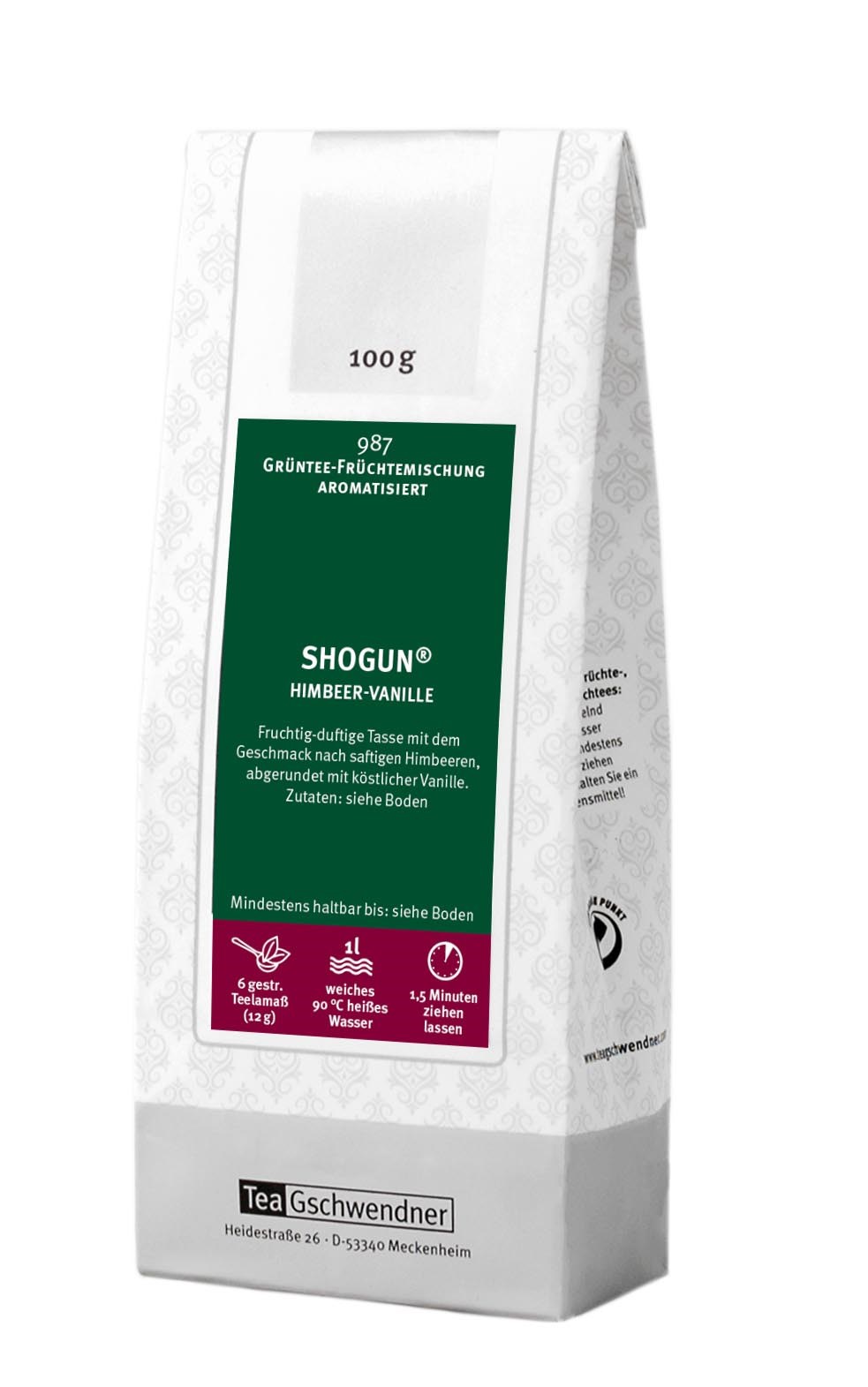 Teegschwendner Shogun Grüntee Himbeer-Vanille 100g Beutel, Teemischung, Grüntee, Himbeer-Vanille, 100 g, Aromatisiert