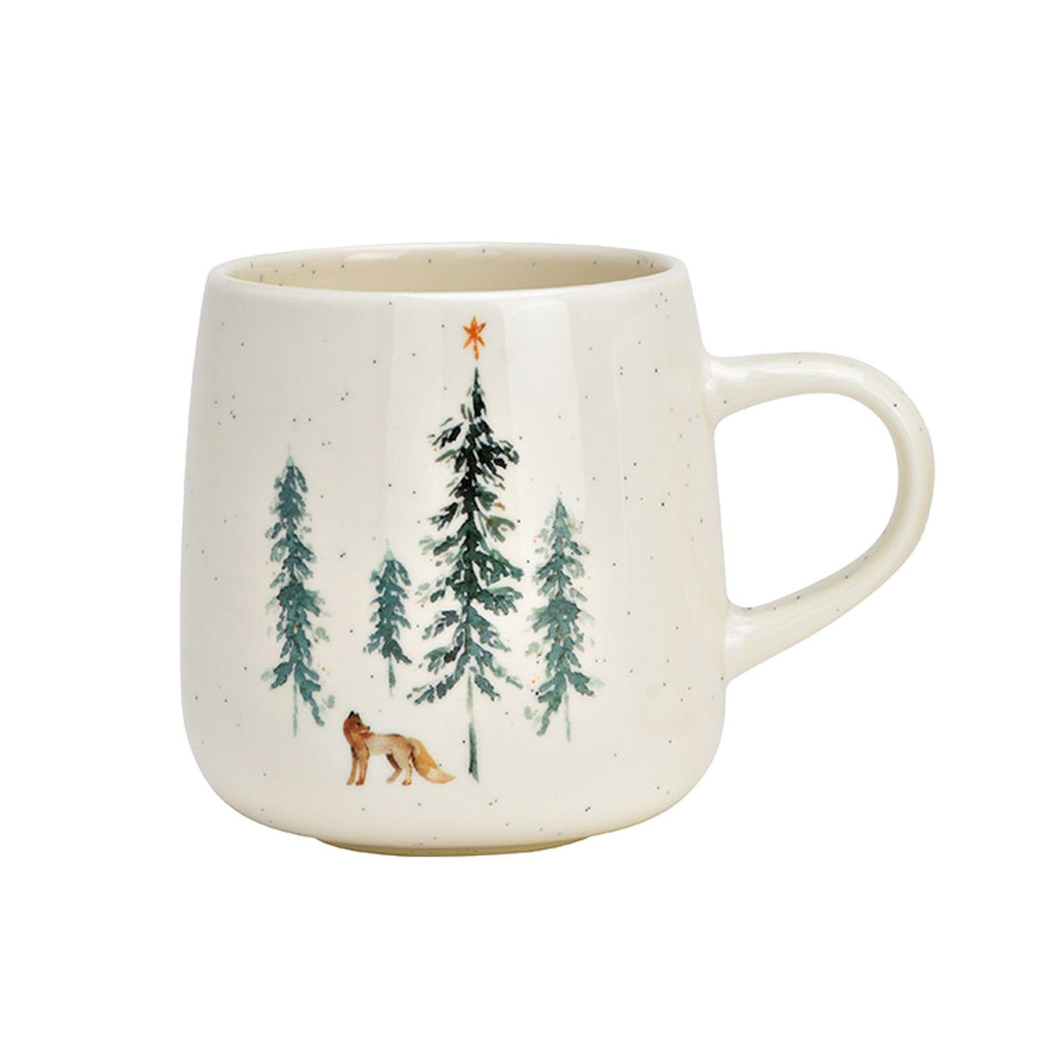 Tasse, Porzellan, Winterwald, Hund, Tiere, Keramiktasse, Waldmotiv, Fuchsillustration, Tannenbäume, Cremeweiß