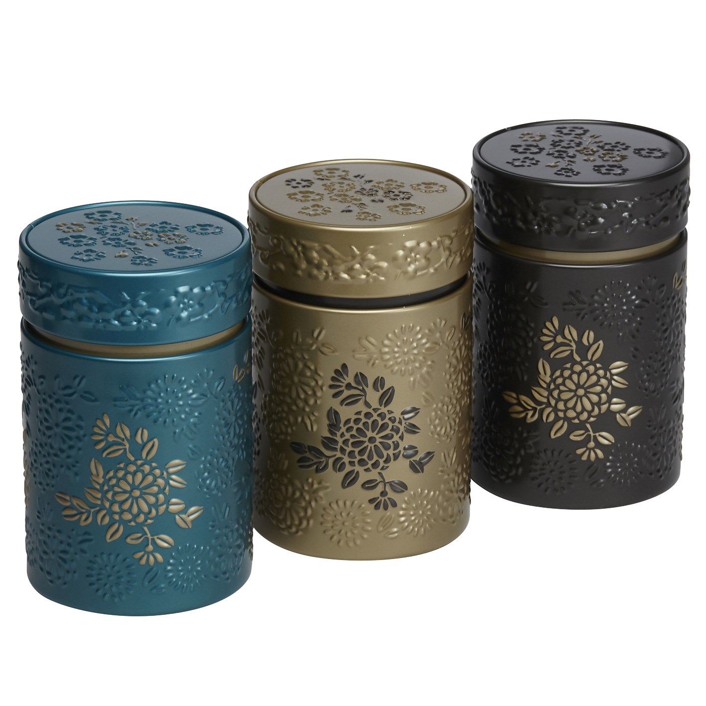 Drei Metall-Teedosen mit geprägtem Blumenmuster, Teelichter, Kandiszylinder, Metall-Topf, Blumenmuster, Drei Stück
