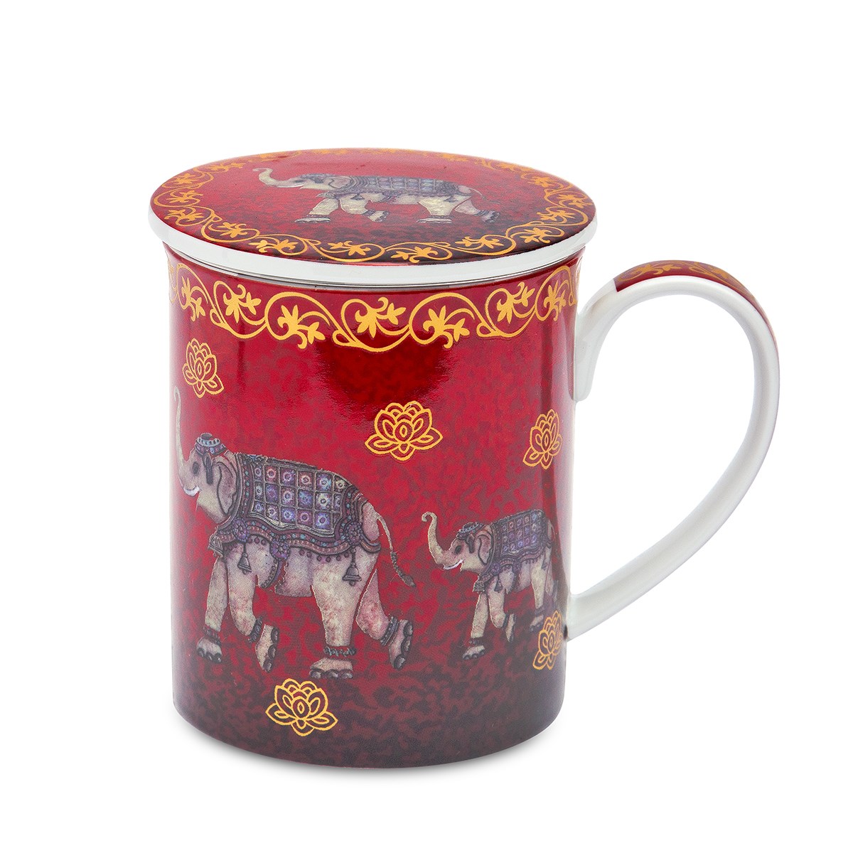tasse, eimer-tee, elefant-design, rot, dekorativ
