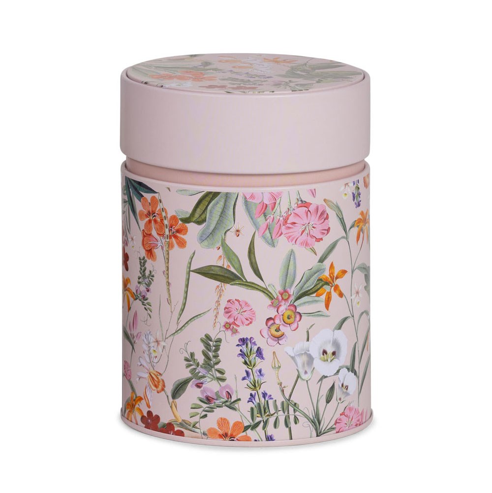 Round Eigenart Mira rose 500g tea caddy made of tinplate with delicate all-over floral pattern in soft pastel colours, ideal for airtight tea storage