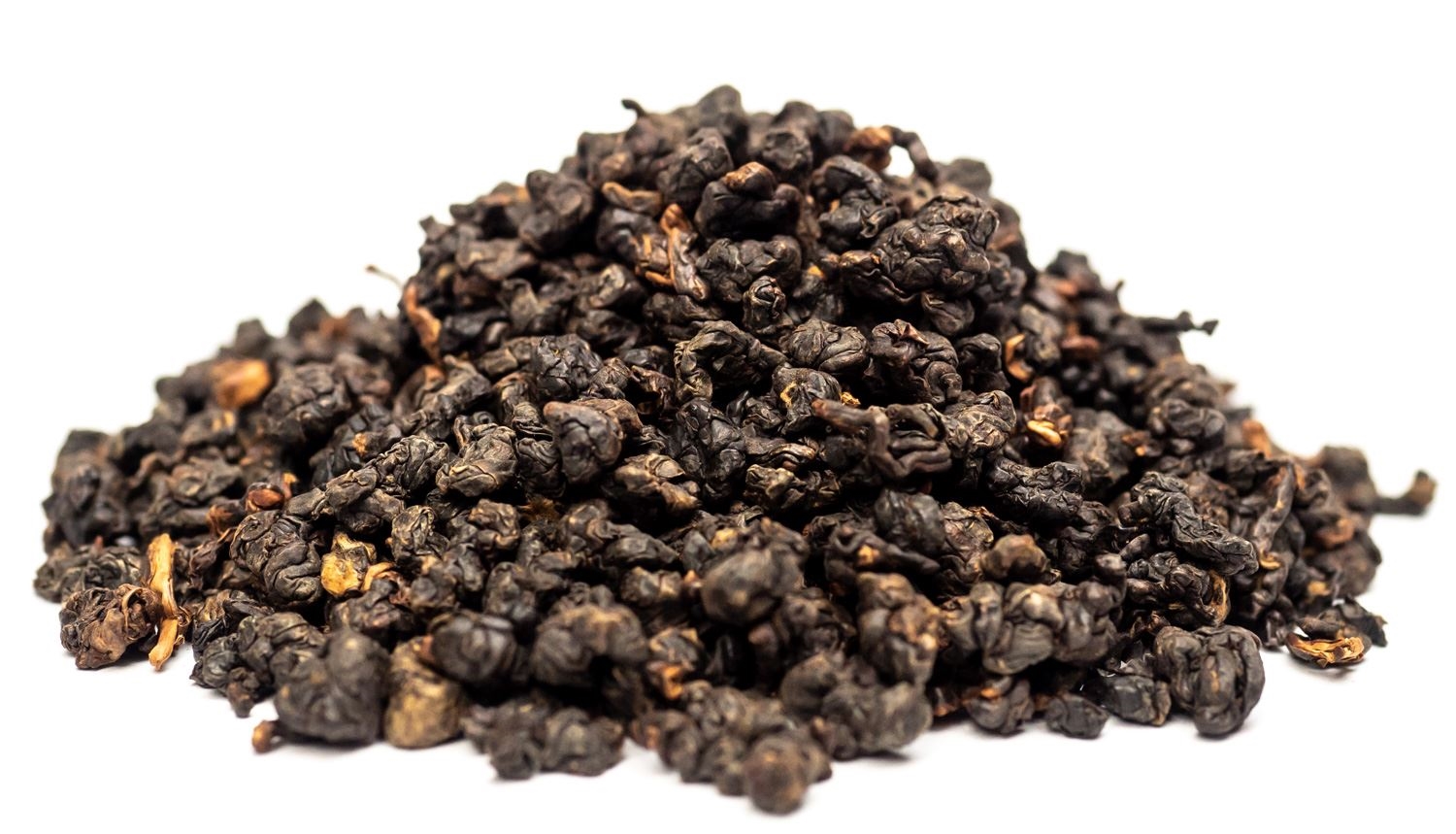 Haufen loser dunkler Oolong-Teeblätter, Rosenknospen?, Deze stapel ziet eruit als gedroogde vruchten?, Trockene Obststücke, Rohstoffbild?, Künstliche?