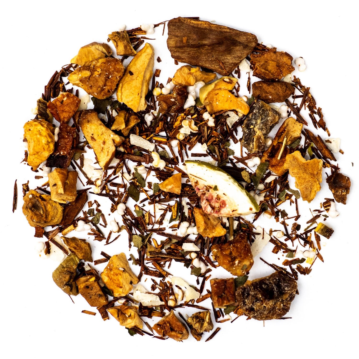 Bunter Rooibos-Tee mit Fruchtstücken, Tee, Kräutertee, Früchtetee, Trockenmischa, Zitrus
