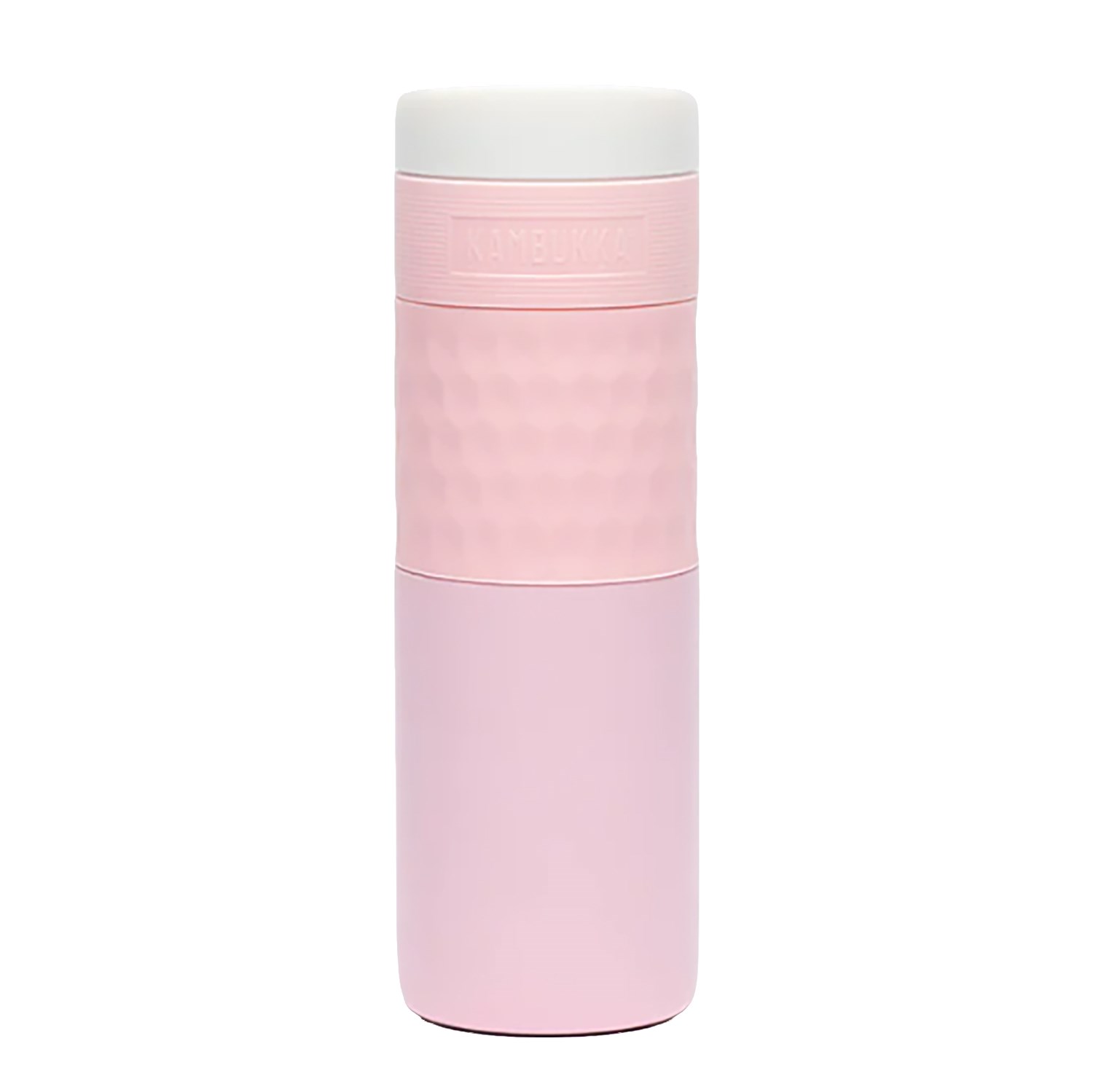 Slim pink stainless steel water bottle with white lid and textured silicone grip, isolated on a white background