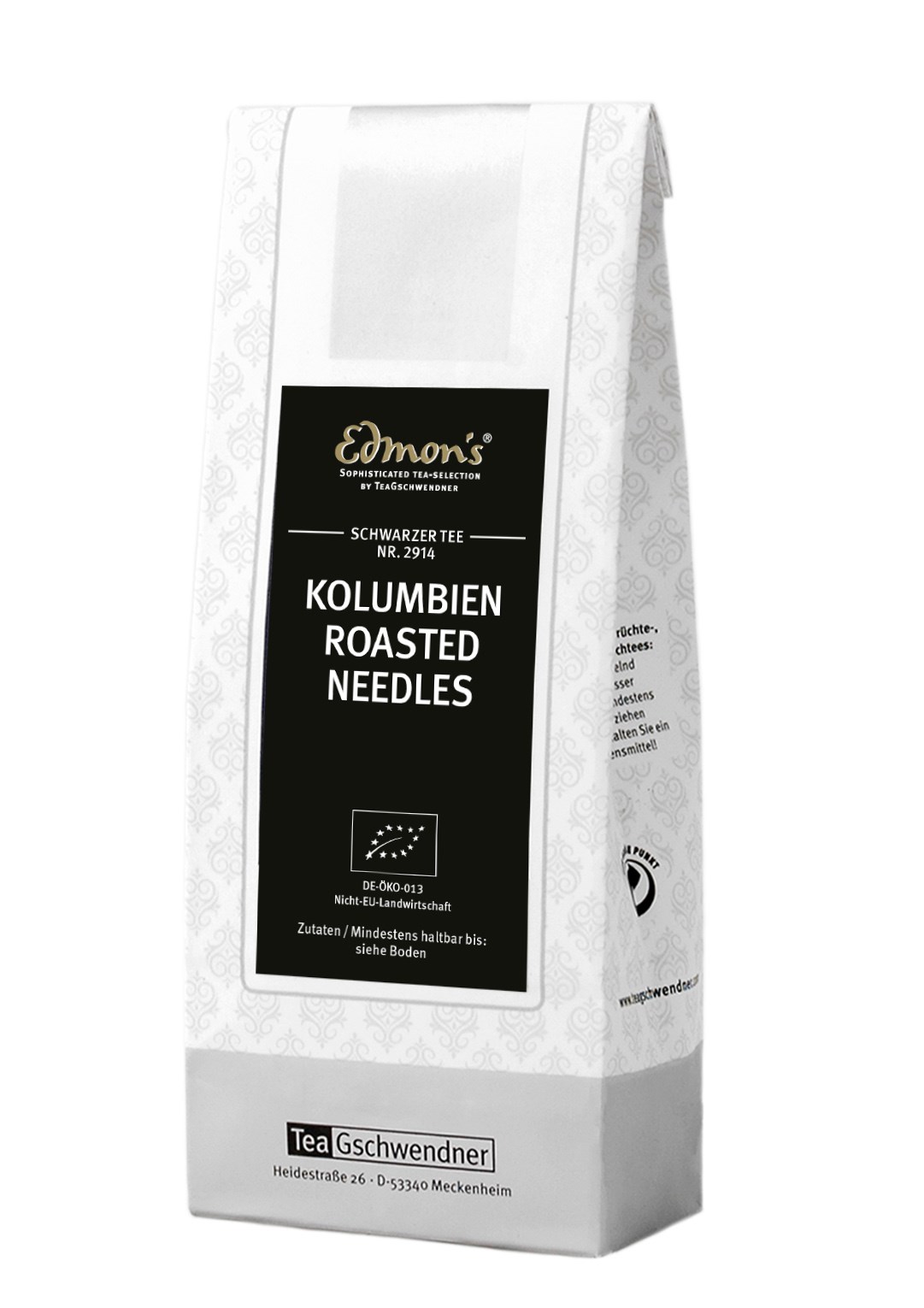 Packung Edmon’s Kolumbien Roasted Needles Schwarztee, Rösttee-Nadeln, Kolumbien?, Teepackung, Schwarzes Etikett, Schwarzlabel