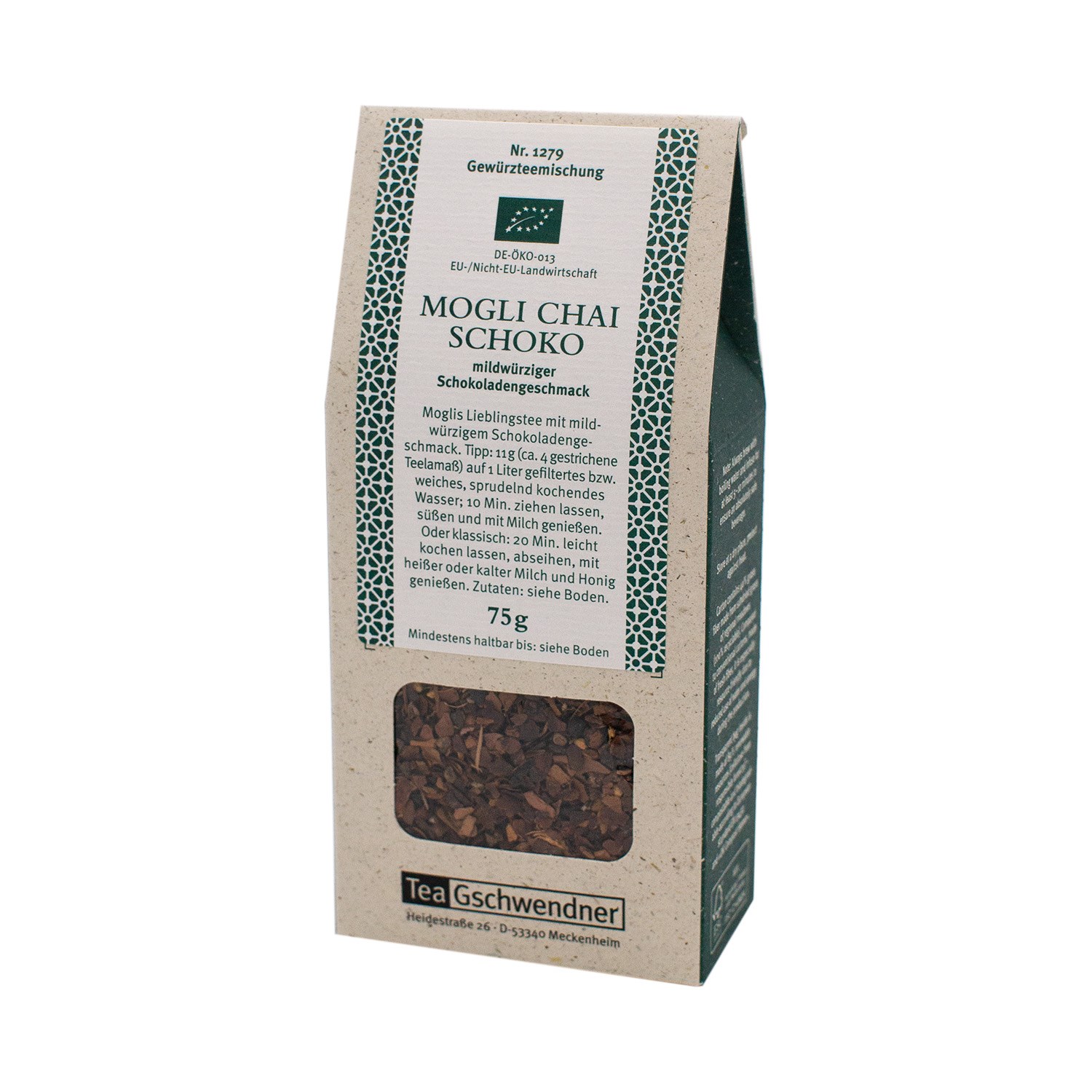 Packung Tea Gschwendner Mogli Chai Schoko Tee 75g, Teemischung, Gewürztee, ChaiSchoko, Kraeutertee, 75 g