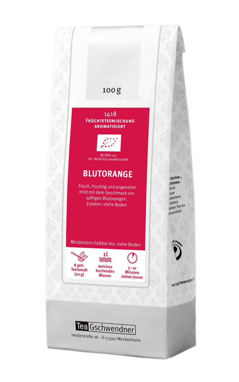 TeaGschwendner Früchtetee Blutorange aromatisiert 100 g, Blutorange, Früchteteemischung, Aromatisiert, 100 g, Teebeutel