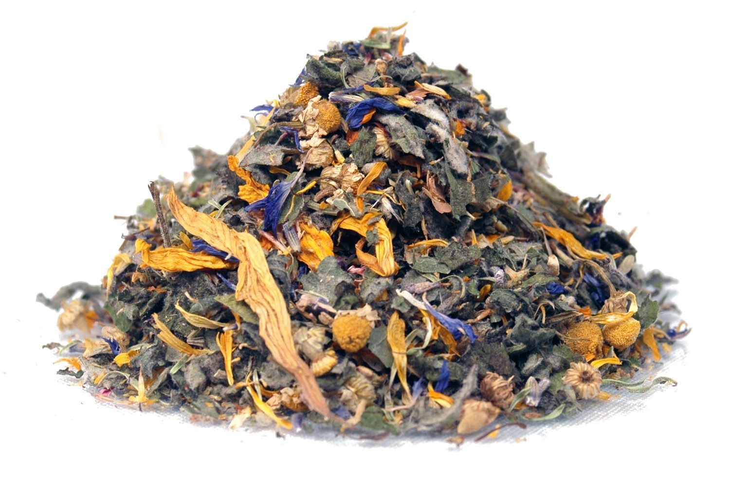Haufen loser bunter Kräutertee-Mischung, Kräutertee, Blüten Mischung, getrocknete Blüten, Naturfarben, Kräutermischung