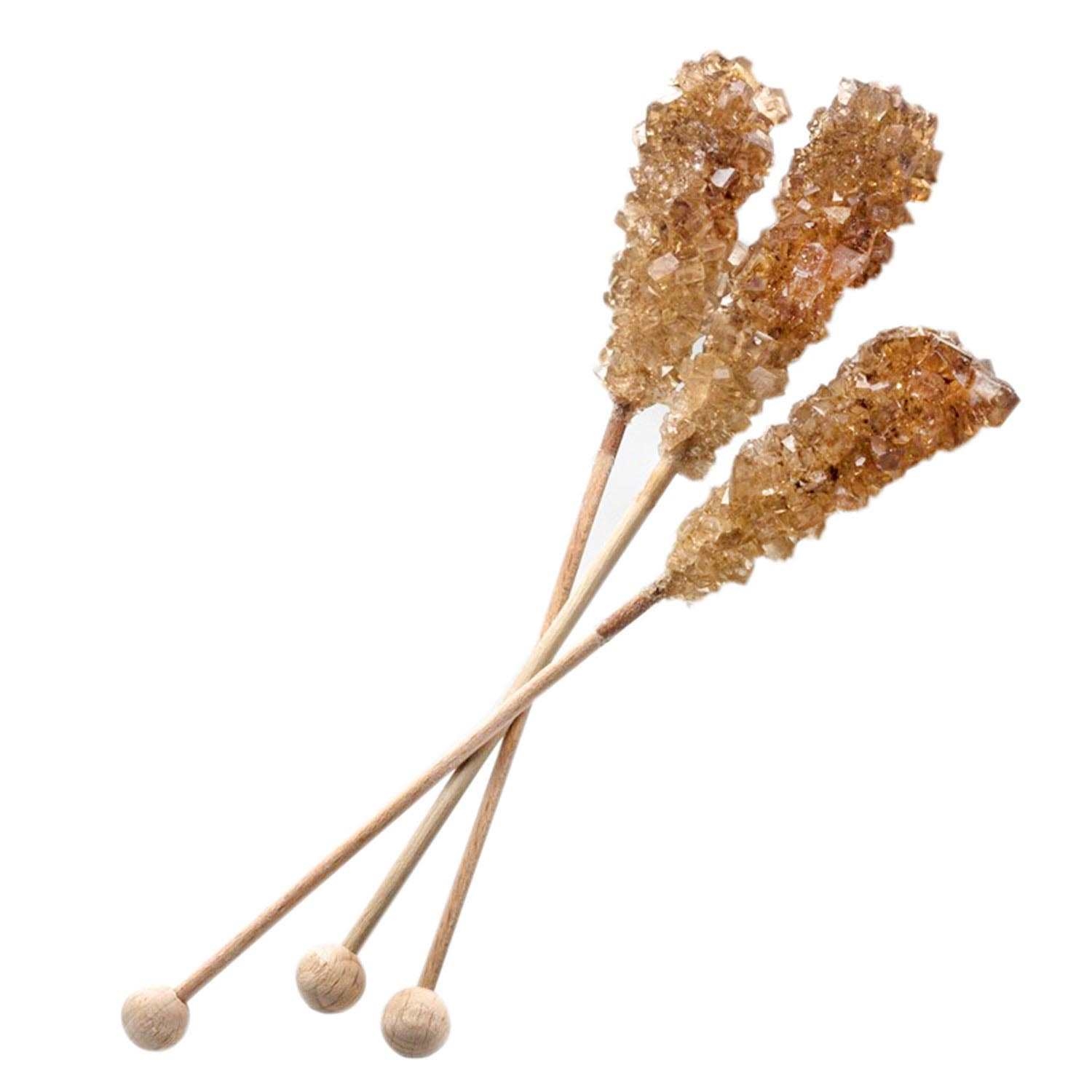 Drei braune Kandiszucker-Sticks aus Holz, Zuckerstange, Zuckerstick, Deko-Stick, Kristallzucker, Kuchen-Dekor