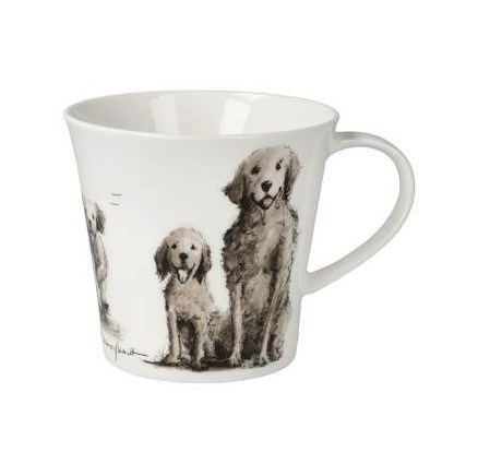 Weiße Porzellantasse mit Henkel und gezeichnetem Hundemotiv, zwei Hunde auf der Vorderseite, porzellanbecher, hundendruck, kaffeebecher, weißerbecher, grafikbecher