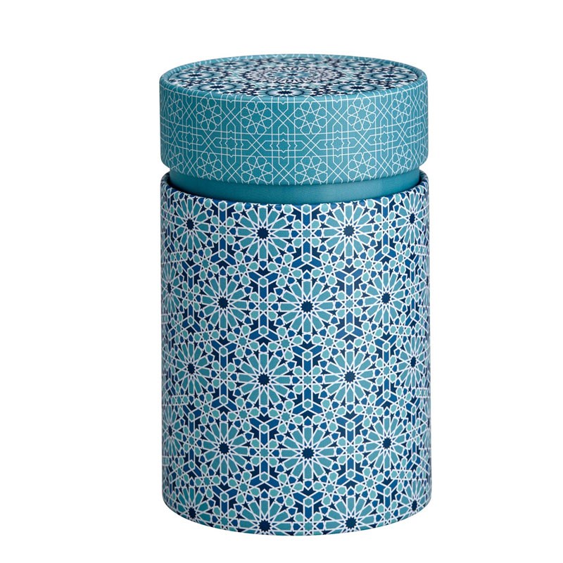Runde blaue Teedose mit orientalischem Mosaikdesign, Tasche, Keksdose, Zylinderform, Muster, Möbeldekoration
