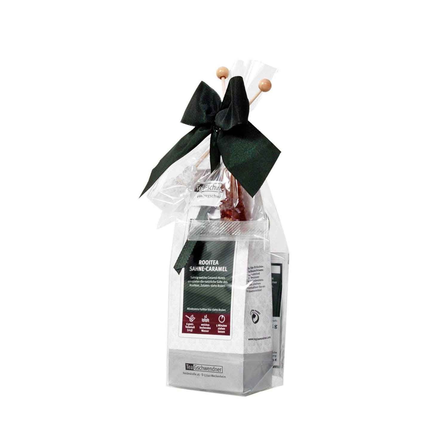 Geschenkset Rooibos Sahne-Karamell Tee mit Kandis, Teegeschenk, Kleine Geschenke, Hochwertige Verpackung, Schwarz-Grün Akzente, Paket mit Schleife