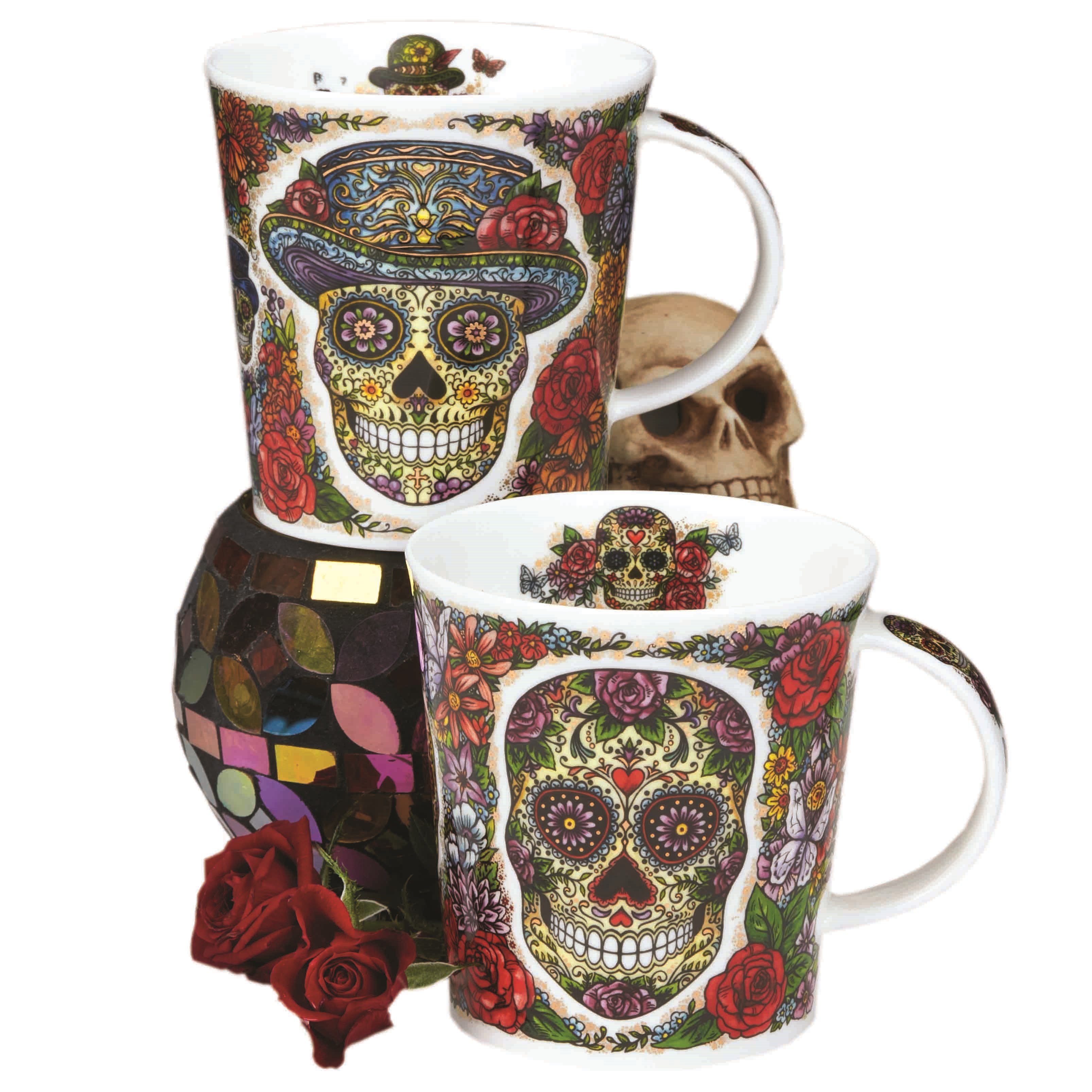 Zwei Kaffeetassen mit farbenfrohem Sugar-Skull-Druck, Tasse, Kaffee-Tasse, Totenkopf-Muster, Skelett-Motiv, Blumenmuster