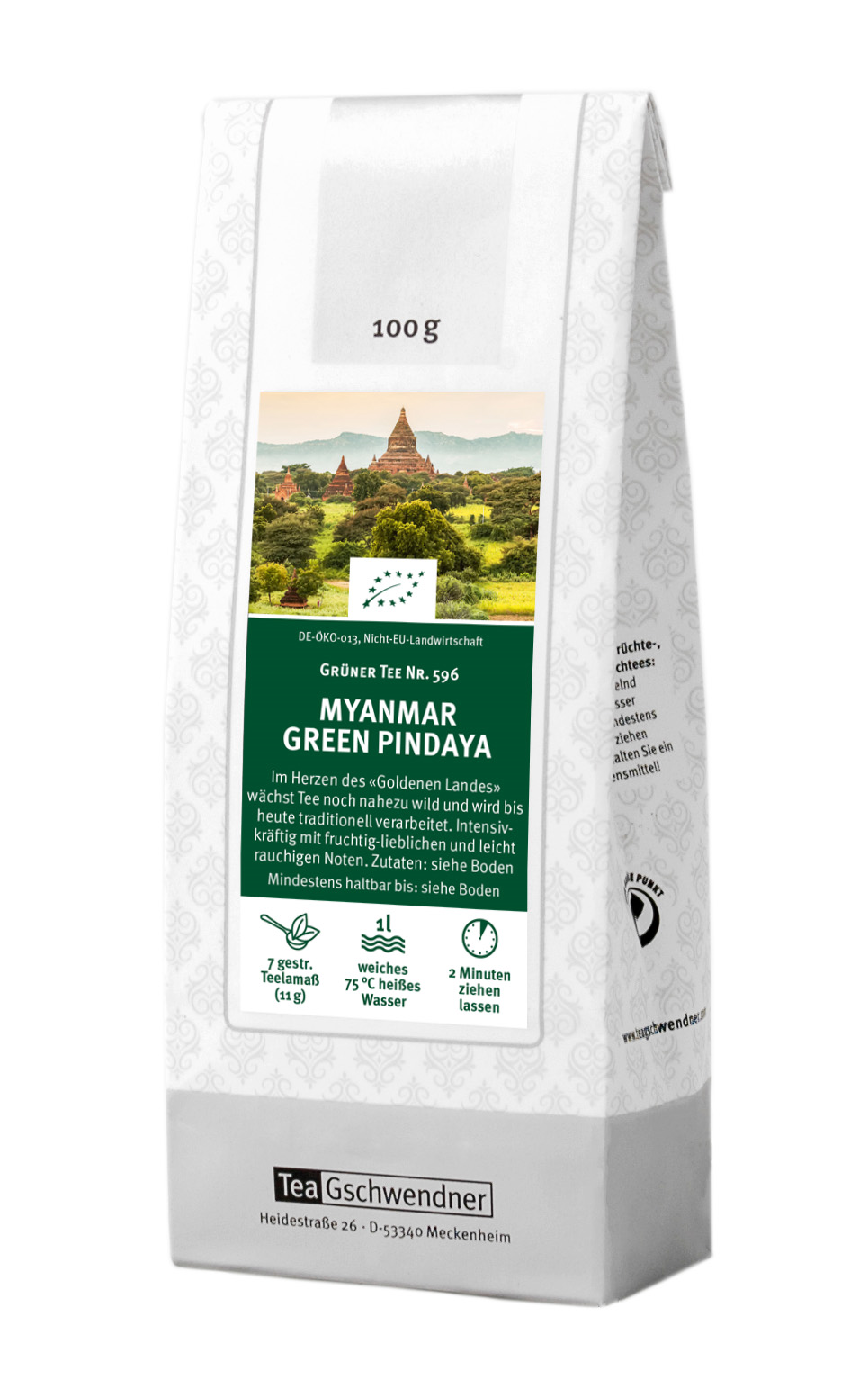 Teegschwendner Myanmar Green Pindaya Grüner Tee 100g Packung, Grüner Tee, Myanmar Green Pindaya, Teebeutel, 1l, Teekarton