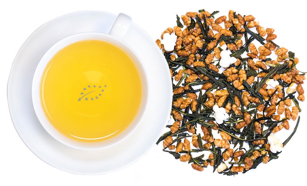 Tasse Genmaicha Tee mit grünem Tee und geröstetem Reis, tee, tee mit heu, grüner tee, gelber tee, teetasse