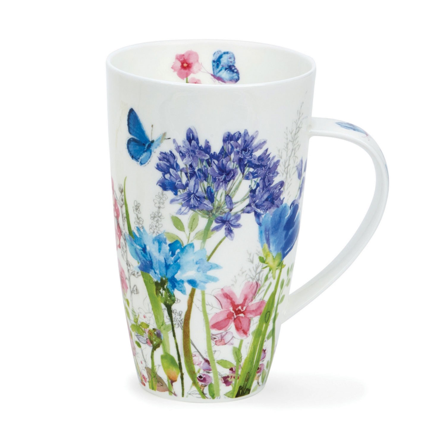 Tall white porcelain mug with colourful flower pattern and butterflies
