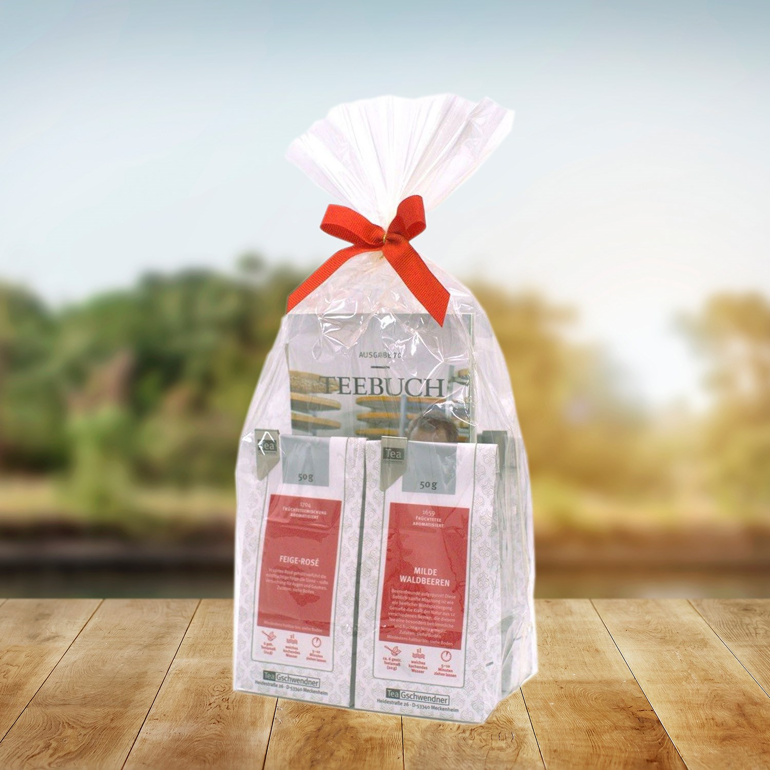 Geschenkset mit Teesorten und Teebuch in Folie, Tee-Set, Teekasten, Geschenkset, Teebeutel, 50 g