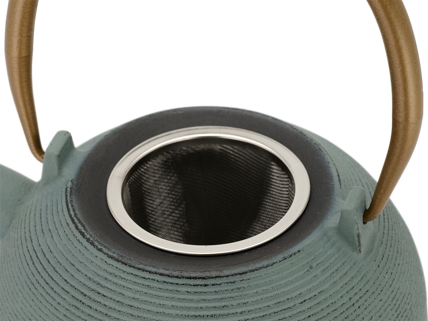 Grüne Teekanne aus Gusseisen mit integriertem Metallfilter, Kettle, Teekanne, Grün, Holzgriff, Edelstahlinsatz
