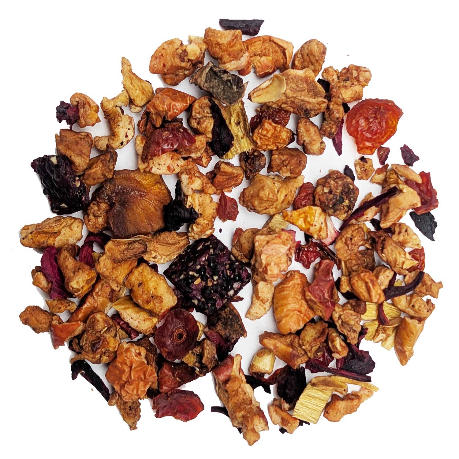 Kräutertee, Früchtetee, Trockenblätter, Rosenknospe, Kräuterstückchen, Obstkerne, Trockenfrucht, Chili, Beeren, Kräutermischung, fruchtstücke, trockenfrüchte, gemisch, peel, gemüse?