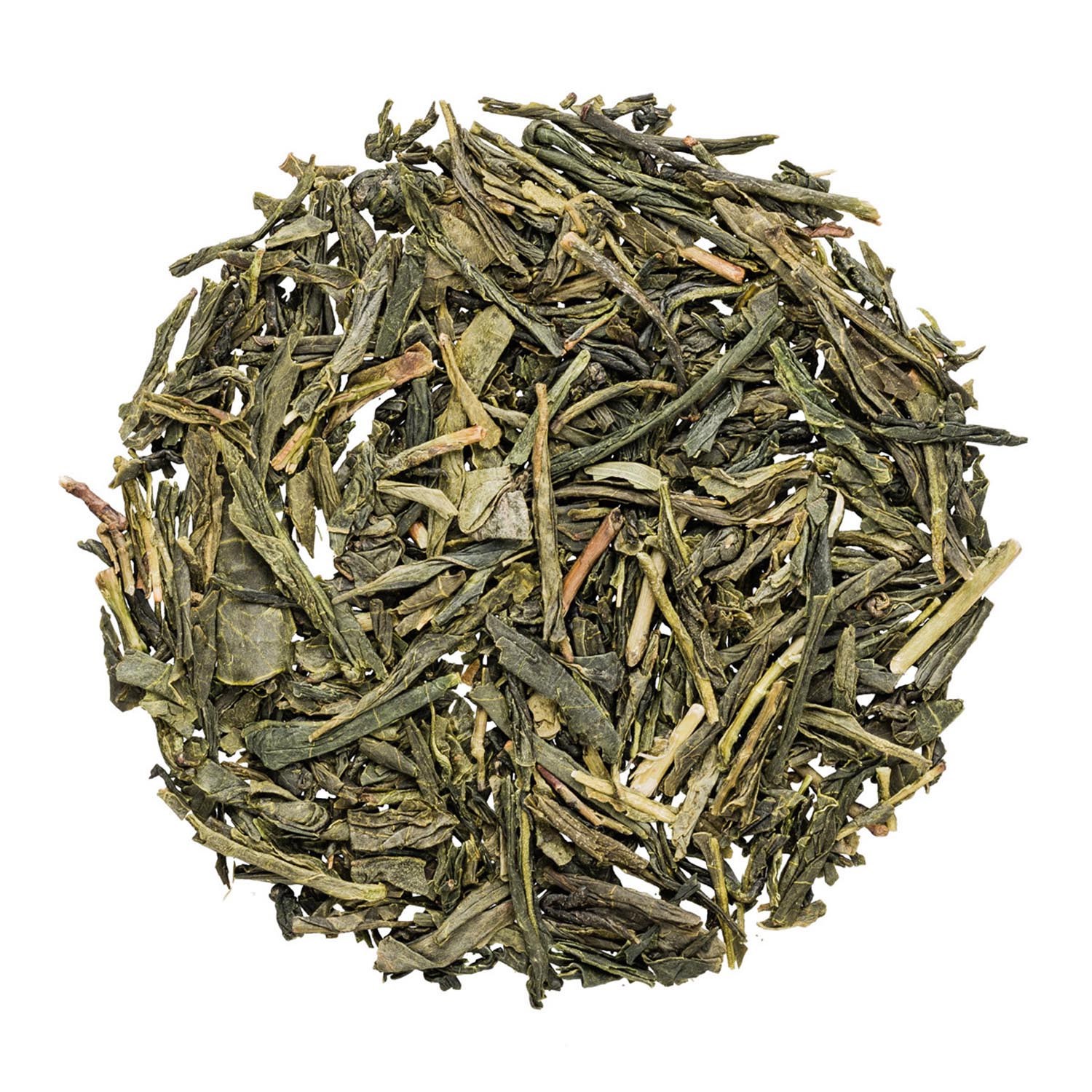 Round portion of loose green Sencha tea with dried tea leaves in close-up