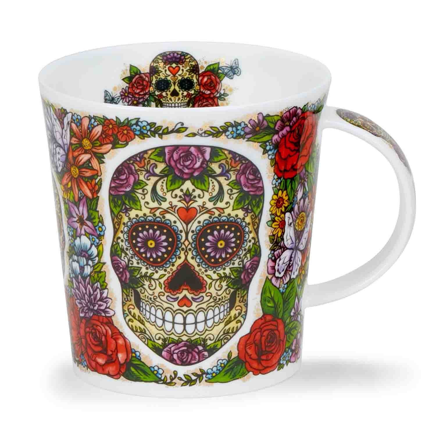 Bunter Porzellanbecher mit Sugar-Skull und Blumen, Tasse, Mug, Sugar Skull, Dia de los Muertos, Blumenmuster