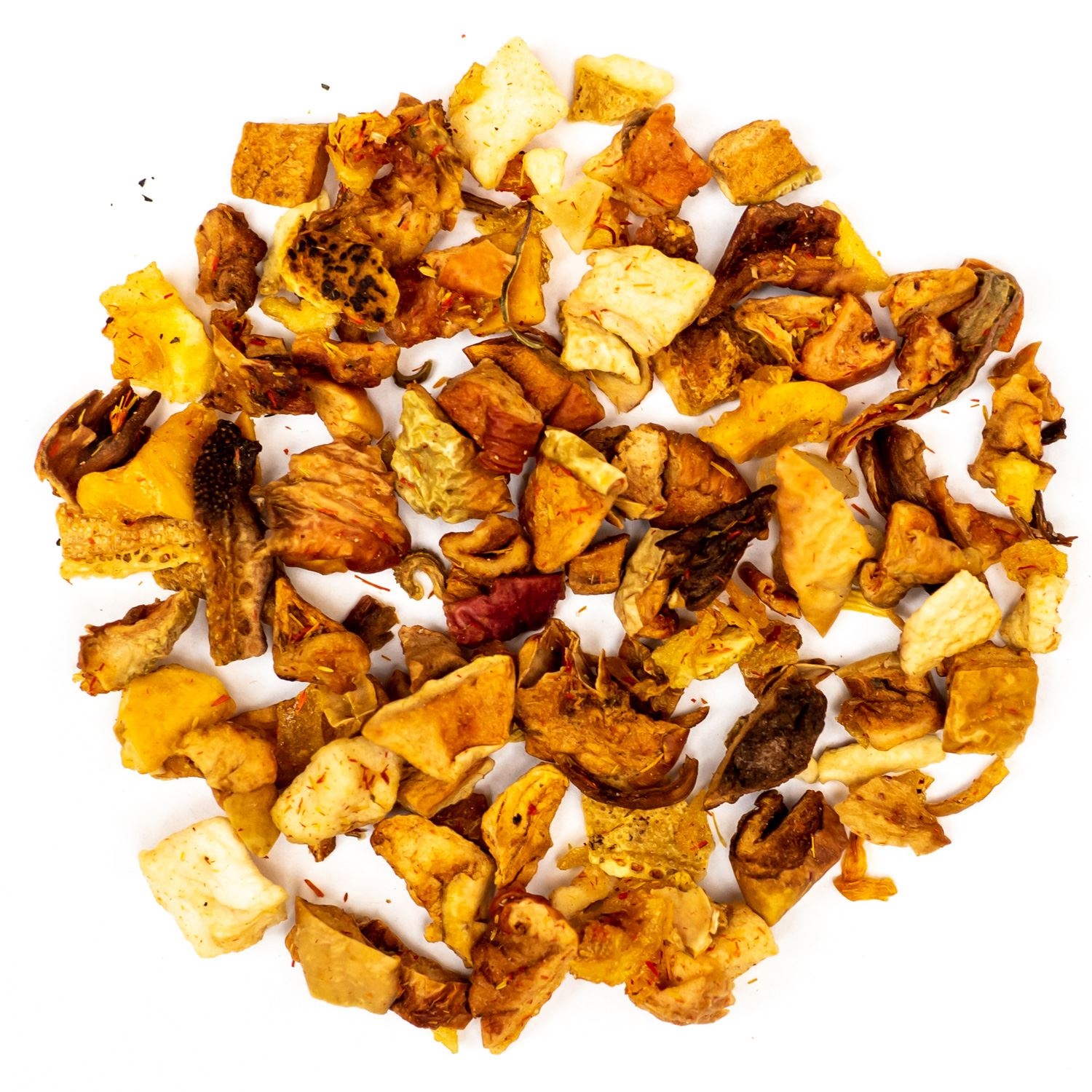 Bunte Früchtetee-Mischung aus getrockneten Obststücken, Kräutertee, Fruchtstücke, Gestrahlter Tee, Trockenes Füllmaterial, Gemischte Stückchen